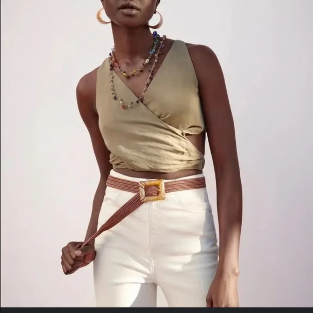 ZARA limited cutout Olive Green Wrap Blouse - Picture 2 of 2